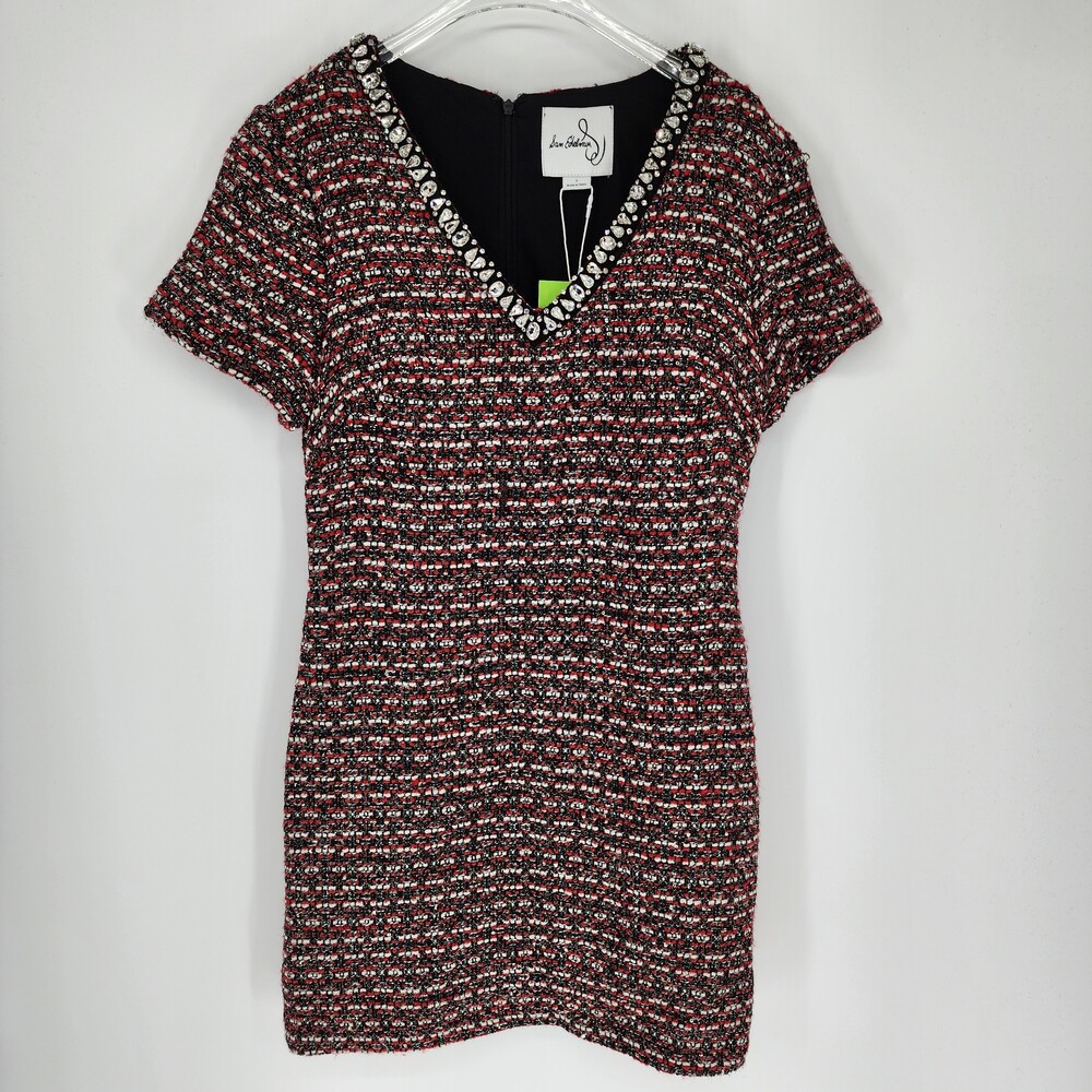 Sam Edelman Nyah Tweed Shift Mini Dress 14 Black Red Rhinestone VNeck Sequin NWT